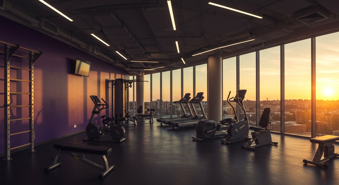 Modern gym interior at golden hour